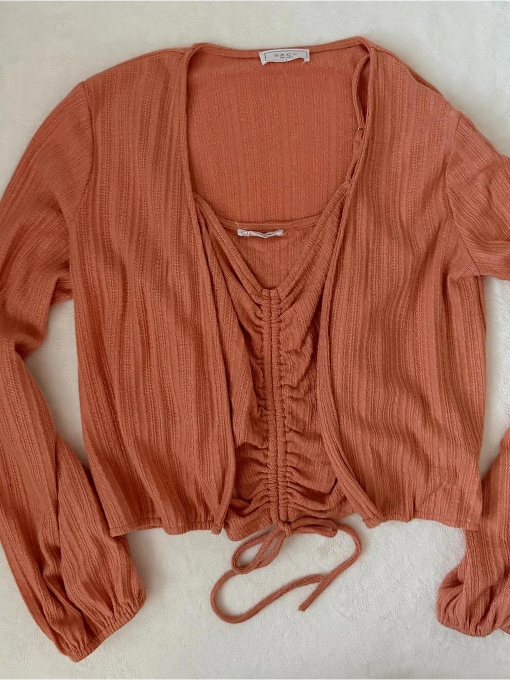 Sage The Label 2 Piece Cardigan & Cami Set Large Rust Terracotta Rib Knit
